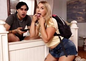 Blonde gives close-up BBC bedroom blowjob