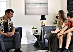 Brunette Teen Client Pays Sultry Counselor Chad Alva for Deep-Throat Blowjob and Doggy Style