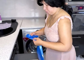 While the stepmom was scrubbing the pots, the stepson couldn't help himself, shoved his cock into her mouth and continued with hard anal in her t