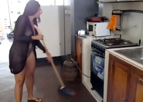 Incredible - Beautiful stepmother masturbates in the kitchen with a broomstick