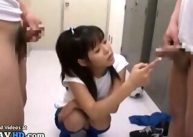 Japanese sweet teen brunette helps guys to cum